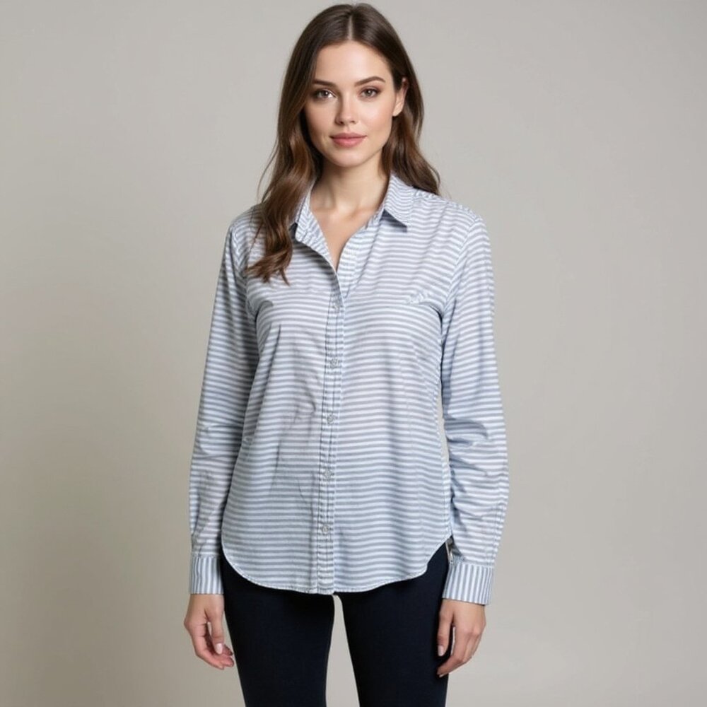 Garnet Hill Striped 100% Cotton Breezy Blue and White Button Down Top Size 12P